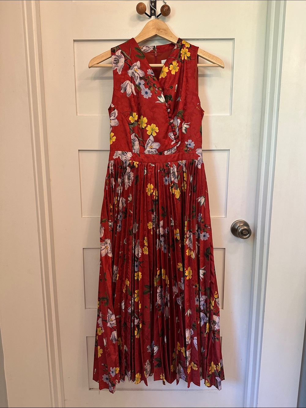Erdem Silk Red Floral Pleated Midi Dress